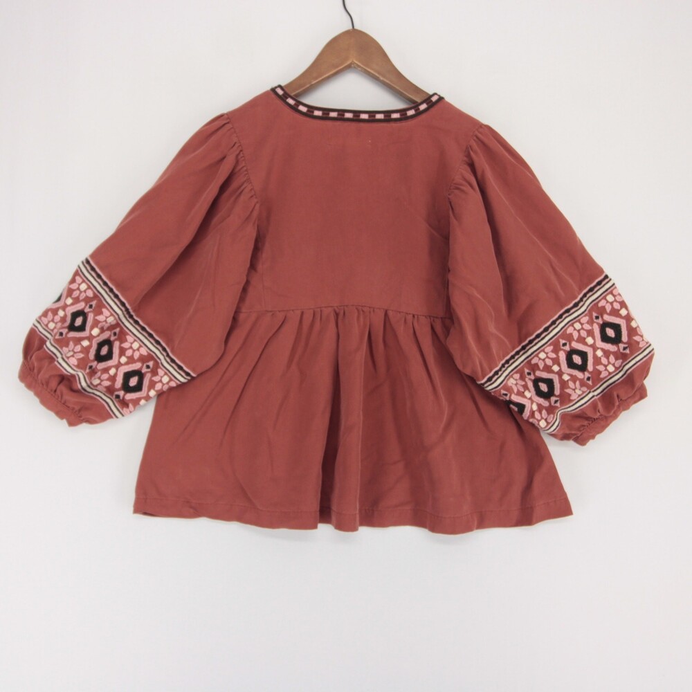 Marine Layer Archive Embroidery Blouse Womens S Maroon Boho Pleated Puff Sleeve - Picture 3 of 6